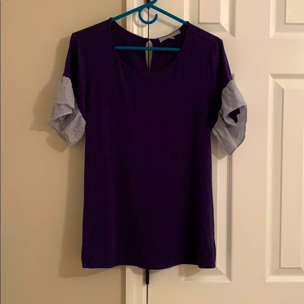 Gorgeous Navy Blue Stripes Daniel Rainn Ruffle Top